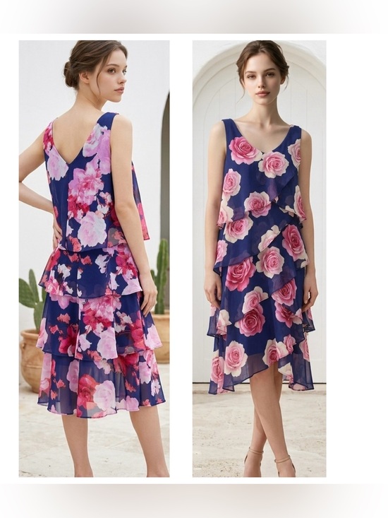 SLNY Dresses & Skirts - SLNY Women Vtg Sz 12 Floral Tiered V-Neck Ruffle Chiffon Cocktail Midi Dress